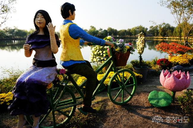 자전거 탄 연인의 모습도 국화꽃으로 장식돼 있다. 