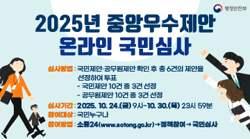 2025년 중앙우수제안 온라인 국민심사 | 심사방법 : 국민제안공무원제안 확인 후 총6건의 제안을 선정하여 투표 -국민제안 10건중 3건 선정 -공무원제안 10건중 3건 선정 | 심사기간 : 2025.10.24.(금)9시~10.30.(목)23시59분 | 참여대상 : 국민누구나 | 참여방법 : 소통24(www.sotong.go.kr) 정책참여 국민심사